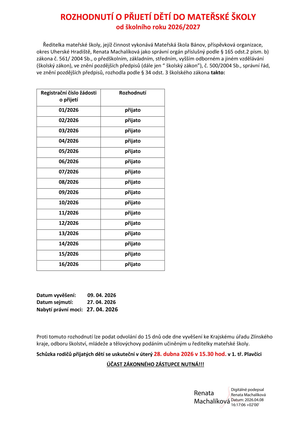 ROZHODNUTÍ O PŘIJETÍ DĚTÍ DO MŠ 2026-2027